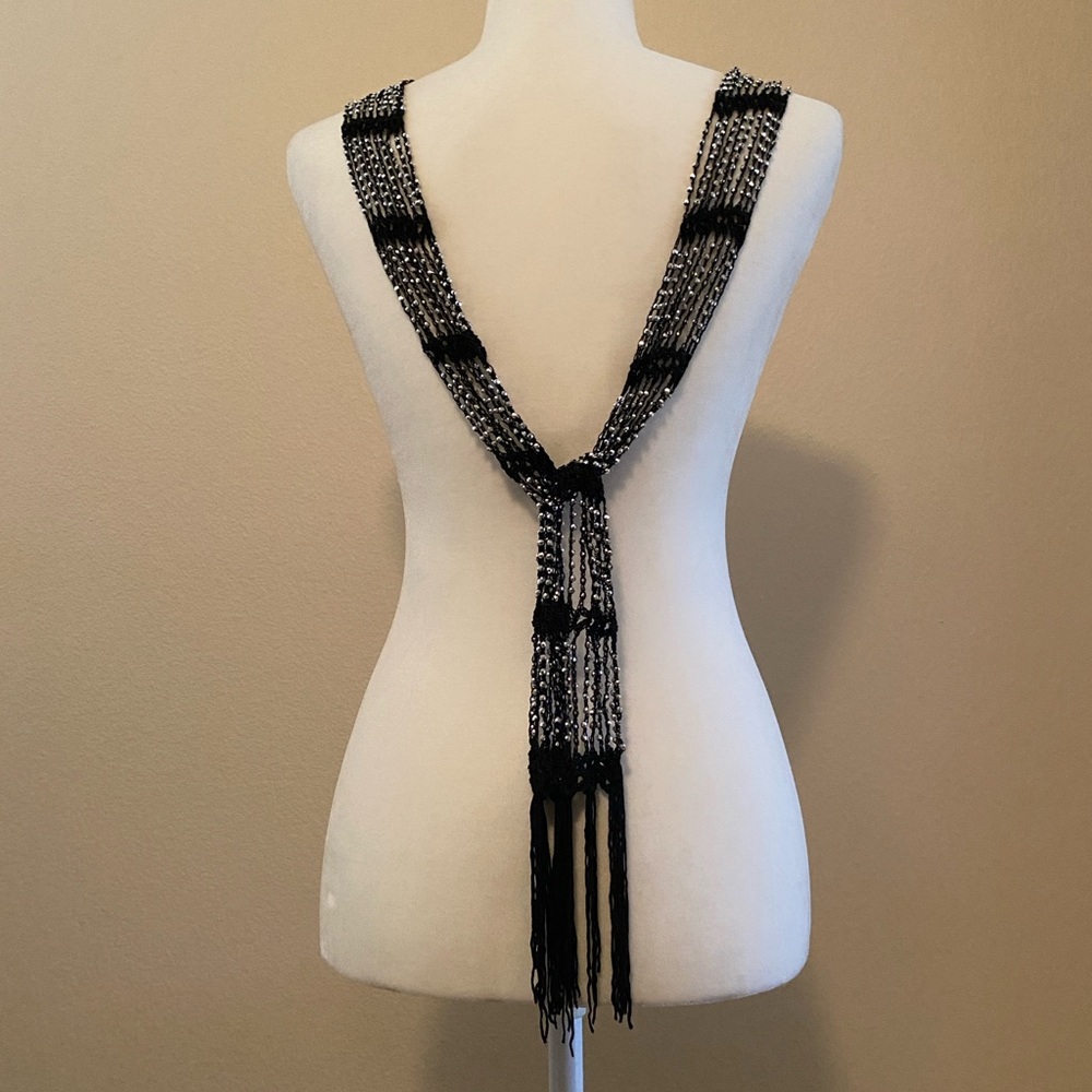 Two Pack Crocheted Beaded Necklace/Belt Jewelry Black/Silver and Blue/Silver - Picture 7 of 14